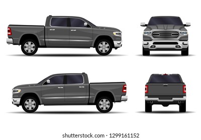 realistic car. truck, pickup. front view; side view; back view.