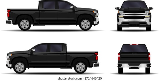 realistic car. truck, pickup. front view; side view; back view.