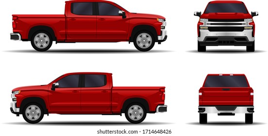 Realistic Car. Truck, Pickup. Front View; Side View; Back View.