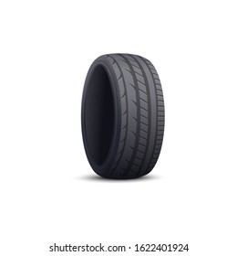 Realistic car tyre isolated on white background - black rubber wheel rim protector tire with modern tread pattern and round disk shape. Auto repair part - vector illustration.