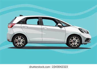 Realistic Car Vector Design in Side View on Blue Wave Background