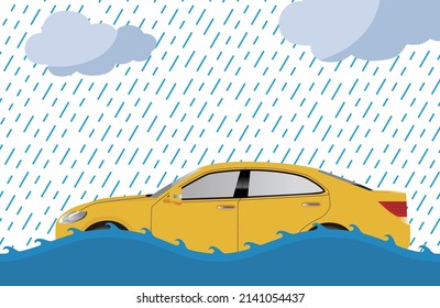 Realistic car vehicle flood, heavy rain flood damage illustration non-life insurance natural disaster image