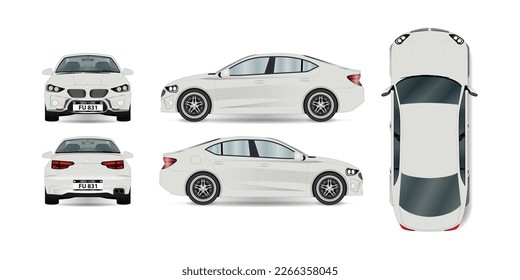 Realistic car, view from side, front, back, and top.  Car vector template on white background. Business sedan isolated. Vehicle branding mockup. Vector.