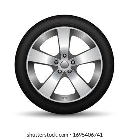 Realistic car wheel alloy black tire on white background vector illustration.