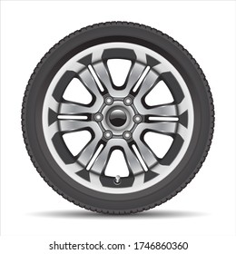 Realistic car wheel alloy with black rubber on white background vector illustration.