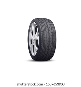 Realistic car wheel with black tire and grey steel rim seen from side view isolated on white background. Modern automobile part or spare tyre - vector illustration.