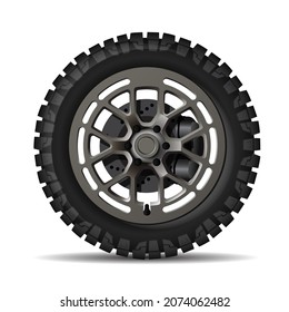 Realistic car wheel offroad metal rubber disk break on white background vector illustration.