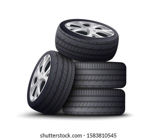 Realistic car wheel pile isolated on white background - spare automobile parts with black tires and metal rims stacked and piled on top of each other - vector illustration