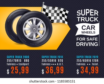 Realistic car wheels for safe driving ad poster with product prices on yellow black background vector illustration