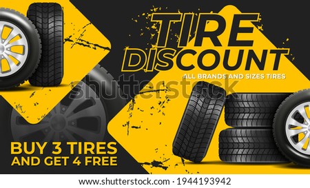 Realistic car wheels set with alloy rims, Tire discount concept. Isolated vector on a white background