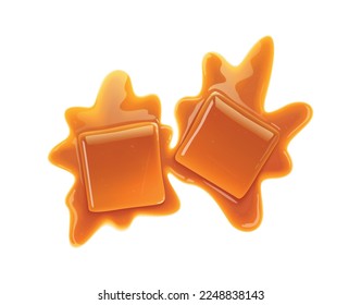 Realistic caramel candies composition with creamy liquid drops of caramel on blank background vector illustration