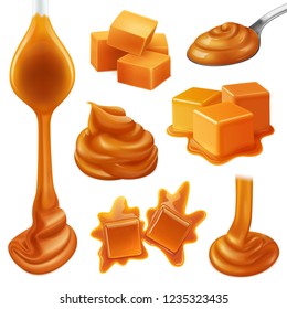 Realistic caramel candies icon set with creamy liquid and creamy drops of caramel vector illustration