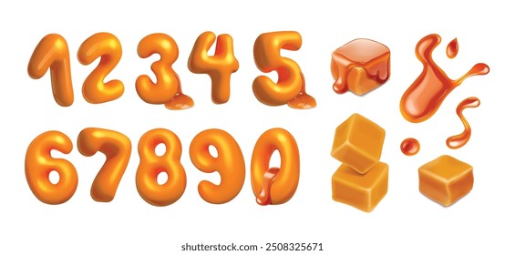 Realistic caramel candy, liquid caramel syrup and cartoon font numbers. Sweet typescript. Dessert number type set