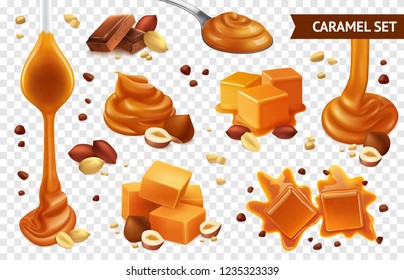 Realistic caramel chocolate nut icon set with different shapes taste and condition vector illustration