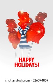 Realistic caramel cock on stick with knitted scarf. New Year 2017 symbol. Greeting card. Vector illustration