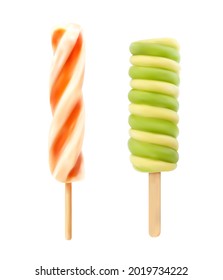 Realistic Caramel Ice Cream On Stick. Frozen Orange, Kiwi Or Mango Juice, 3d Realistic Vector Spiral Popsicle Ice Cream Or Twisted Lolly Pop Candy. Summer Cold Dessert With Fruit Juice