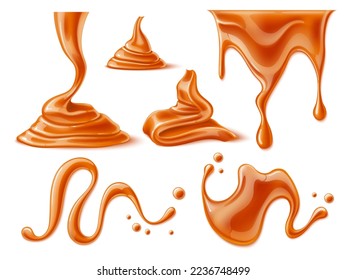 Realistic caramel melted. Liquid drips, drops and puddles, sugar syrup blots and smears, candy sweet mess, dessert topping, delicious confectionery dessert, toffee droplet, utter vector set