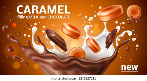 Realistic caramel poster. 3d round candies and cubes, sweet chocolate and milk splashes, sweet toffee desserts advertisement, melted sugar pieces, marketing banner, utter vector concept