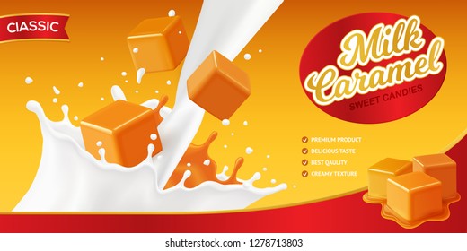 Realistic caramel poster composition with editable brand name and images of milk splashes and candy cubes vector illustration