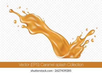 Caramelo realista splash com gotas isoladas em fundo transparente, ilustração vetorial (EPS). Ilustração de movimento congelado líquido dourado transparente, em camadas, fácil de editar