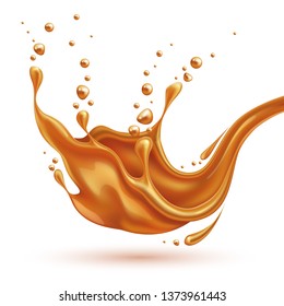 Realistic caramel splash with drops. Sweet liquid explosion for candy product package design. Vector splashing , white liquid in motion. Juicy dessert, fresh summer drink design.