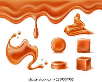 Realistic caramel. Sweet dessert component, milk and sugar candy base, melting liquid, fluid and pieces, 3d smudges and puddle, round candies and cubes, 3d isolated elements utter vector set