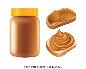 Realistic caramel. Vector caramel jar and sandwiches isolated on white background. Sweet breakfast confectionary, jar butter peanut illustration