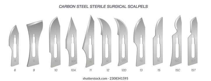 Realistic carbon stainless steel Surgical scalpel blades vector illustration.