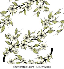 Realistic card with pink sakura for print design. Seamless floral background. Cherry background. Cherry blossom. Garden design.