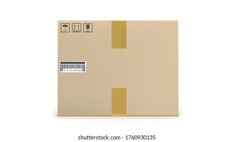 Realistic cardboard box with icons of transport symbols. Front view with packing tape, barcode. Vector icon