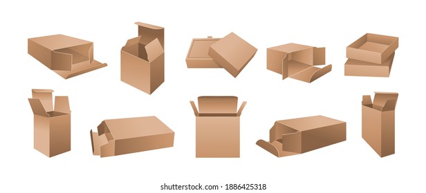 Realistic cardboard box mockup 3D set. Template blank realistic product packaging gift boxes collection. Opened, closed paper package, design or branding. Vector for medicine, food, cosmetic