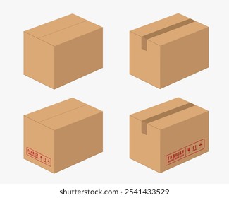 Realistic cardboard box mockup icon symbol. Empty blank Shipping delivery carton box. Fragile. Vector illustration image. Isolated on white background.