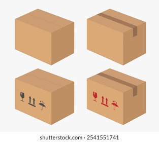 Realistic cardboard box mockup icon symbol. Empty blank Shipping delivery carton box. Fragile. Vector illustration image. Isolated on white background.