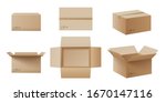 Realistic cardboard box mockup set from side, front and top view open and closed isolated on white background. Parcel packaging template - vector illustration.