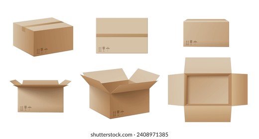 Realistic cardboard Box Mockup set side, front and top, open and closed, isolated on white background. Parcel packaging template - vector illustration