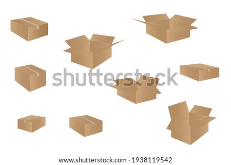 Realistic cardboard box mockup set from side, front and top view open and closed isolated on white background. Parcel packaging template - vector illustration.