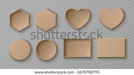 Realistic cardboard box mockup set with top view - hexagonal, heart, circular and rectangular kraft containers on transparent background. Empty packaging templates for product presentations.