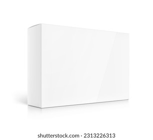 Realistic cardboard box mockup. Vector illustration isolated on white background. Half side view. Can be use for food, cosmetic, pharmacy, sport and etc. Ready for your design. EPS10.