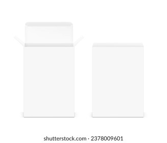 Realistic cardboard box mockup. Vector illustration isolated on white background. Front view. Can be use for food, cosmetic, pharmacy, sport and etc. Ready for your design. EPS10.