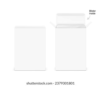 Realistic cardboard box mockup. Vector illustration isolated on white background. Front view. Can be use for food, cosmetic, pharmacy, sport and etc. Ready for your design. EPS10.