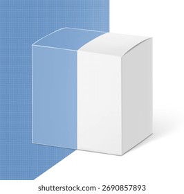 Maqueta de caja de cartón realista. Ilustración vectorial aislada sobre fondo blanco y azul. Vista lateral media. Puede ser utilizado para la comida, cosmético, farmacia, deporte y etc. EPS10.