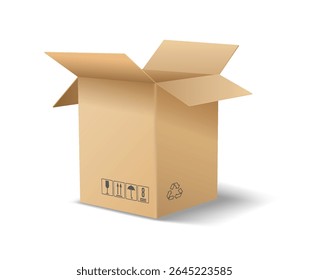 Realistic cardboard box with open flaps on a white background. Simple brown color. Used for packing, moving, and storing items. Ideal for shipping concepts.