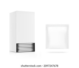 Realistic cardboard box with sachet mockup. Perspective view. Vector illustration isolated on white background. Ready for your design. EPS10.	