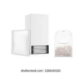 Realistic cardboard box with sachet and tea bag mockup. Perspective view. Vector illustration isolated on white background. Ready for your design. EPS10.	