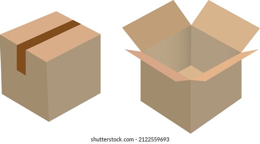 Realistic cardboard box set, opened and closed top view
