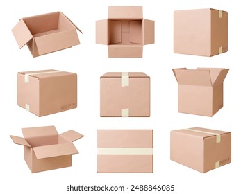 Realistic cardboard boxes. Craft box for parcel or moving things. Side front top view paper packages. Delivery elements, 3d pithy vector collection