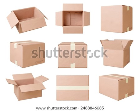 Realistic cardboard boxes. Craft box for parcel or moving things. Side front top view paper packages. Delivery elements, 3d pithy vector collection