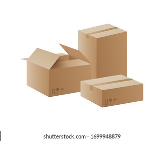 Realistic cardboard boxes with different shapes isolated on white background - stack of three box packages for shipping or packaging. Vector illustration.