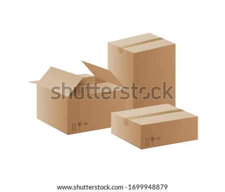 Realistic cardboard boxes with different shapes isolated on white background - stack of three box packages for shipping or packaging. Vector illustration.