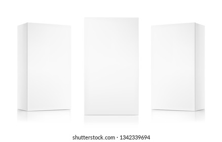 Realistic cardboard boxes mockup set. Front and perspective views. Vector illustration isolated on white background. Can be use for food, medicine, cosmetic and etc. Ready for your design. EPS10.	